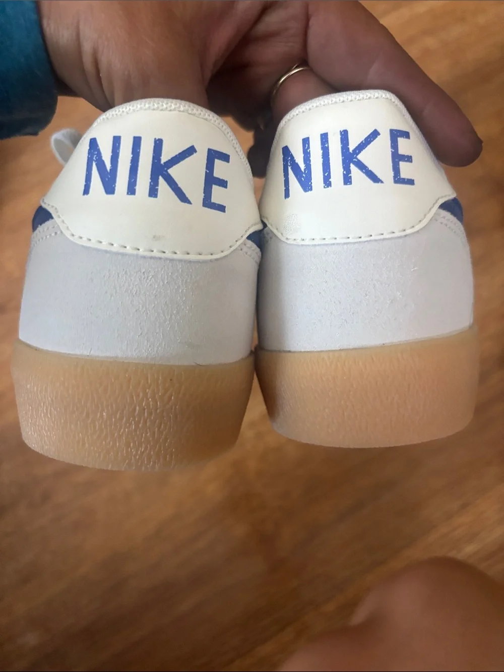 Nike White Sneakers with Blue Swoosh and Gum Sole